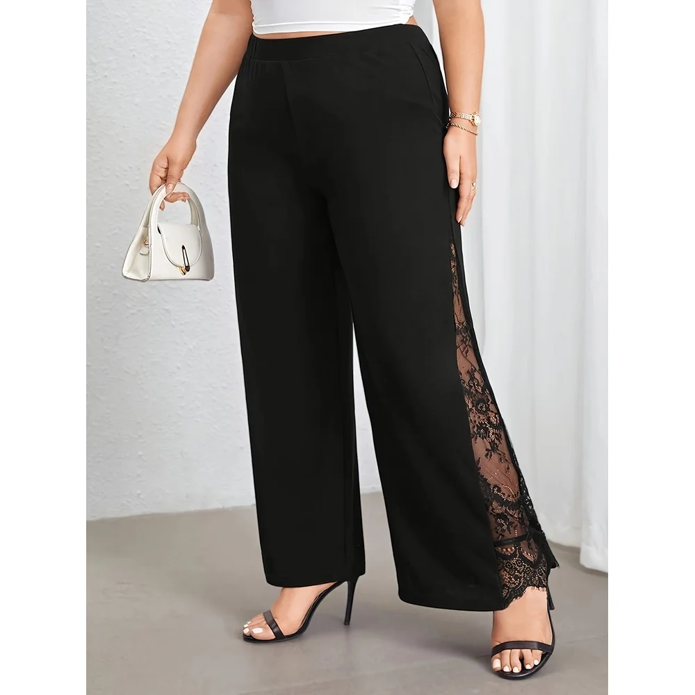 Women's plus size black elegant spring summer casual split lace patchwork loose elastic waist wide leg pants straight leg pants
