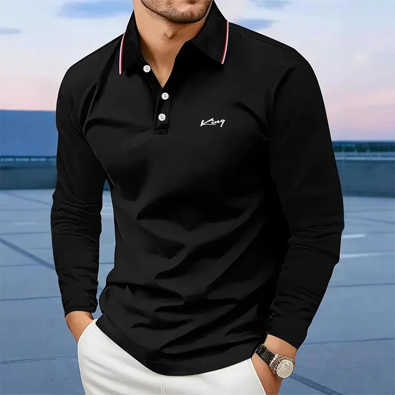 Men's Casual  Long Sleeved Polo Shirt with Solid Color and Polyester Fiber Composition for  Spring  autumn Fashion Outings