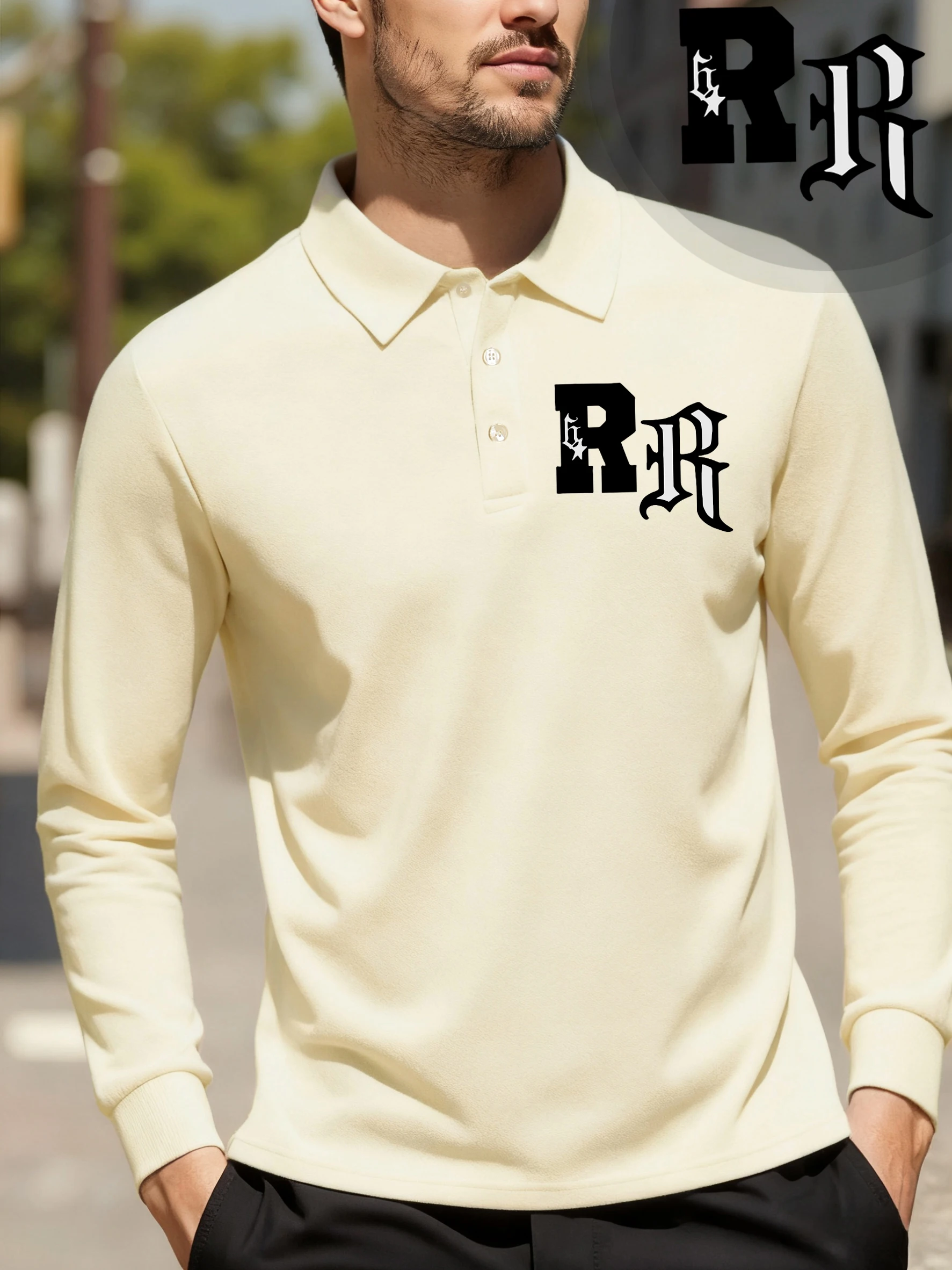 Gothic Design Letter R Printed Business Daily Polo Shirt Men Spring Button Clothing Loose Hip Hop Tops All-Match Golf Shirts