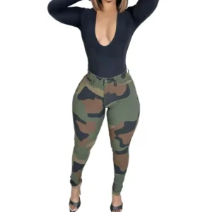 Plus Size 1XL-5XL Women Fashion Camouflage Pants Women Green Stretch Pencil Pants Casual Button Pocket Military Trousers