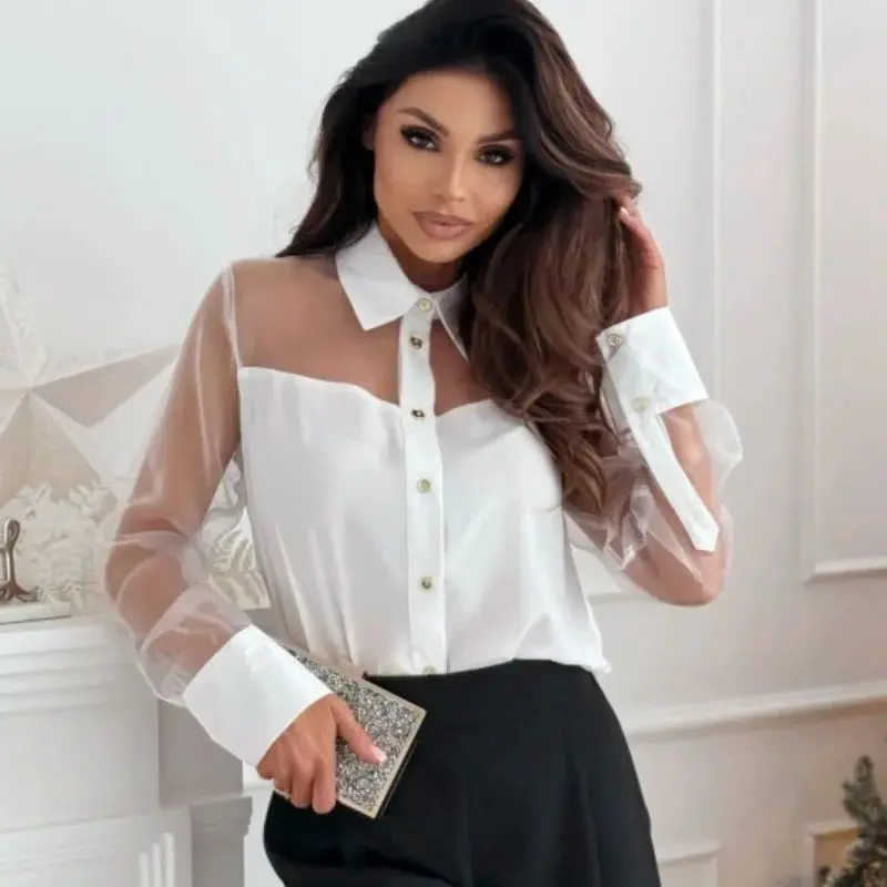 Women's Button Down Shirt Long Sleeve Casual Chiffon Blouse Collared Loose Casual Work Office Top