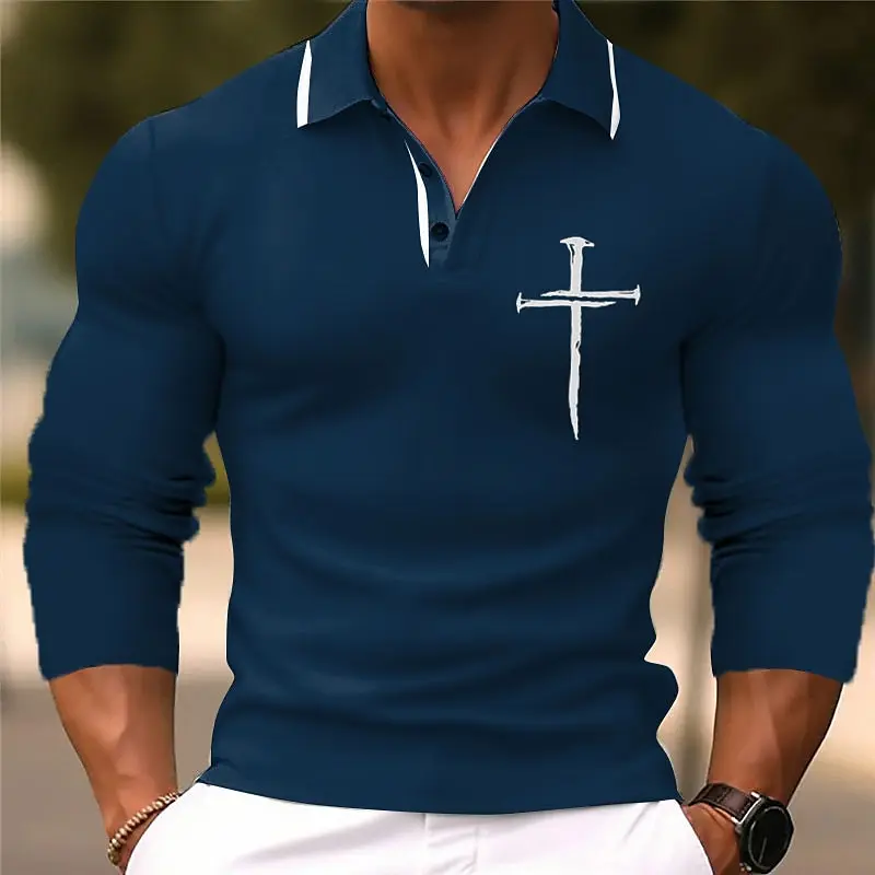 Men's 3D Printed Cross Pattern Golf Shirt Long Sleeve Polo Shirt Business Casual Formal Button Collar Autumn and Winter