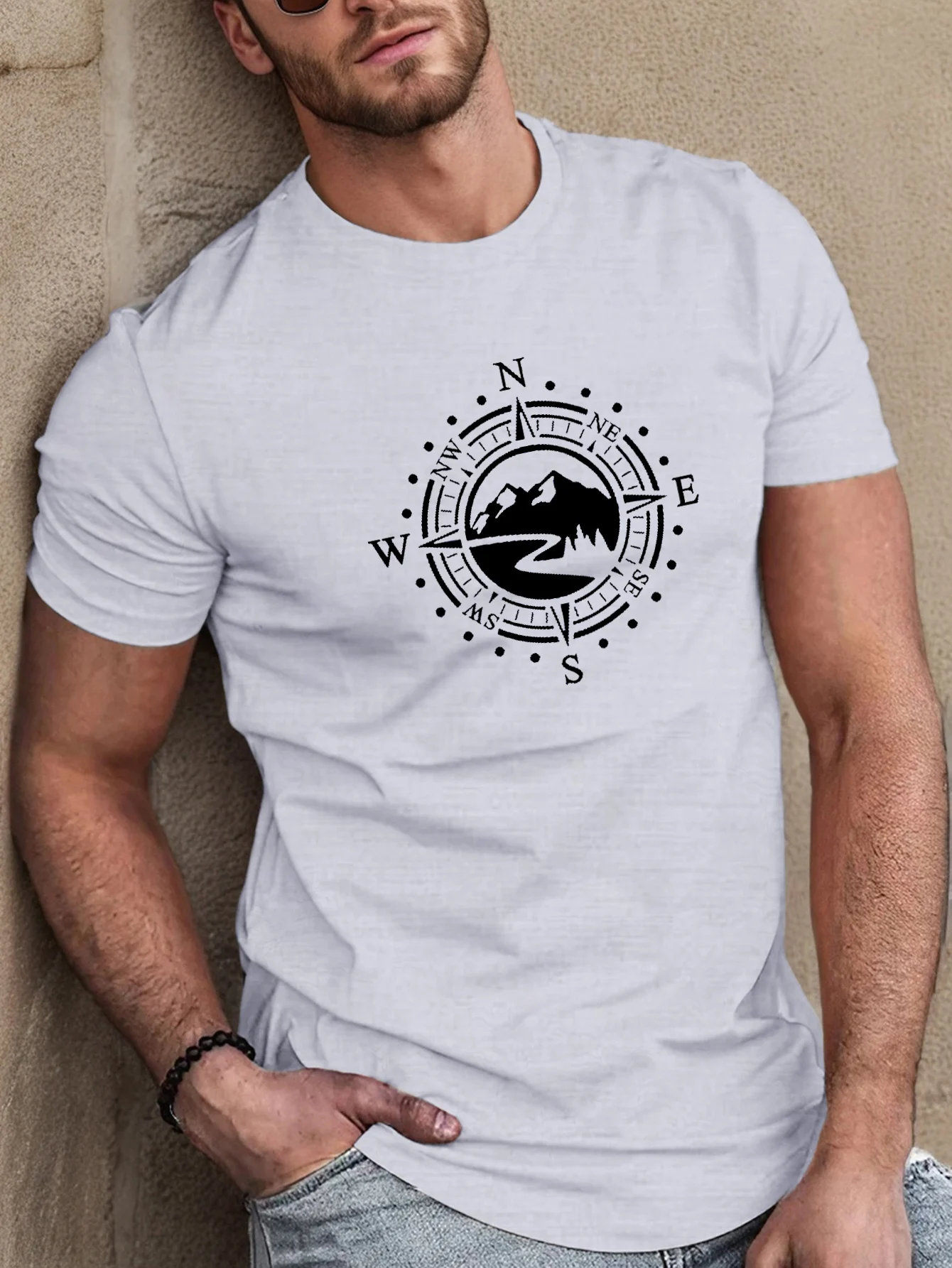 Men's summer 100 cotton fashionable casual loose plus size Compass pattern printed sports round neck short sleeved T-shirt top