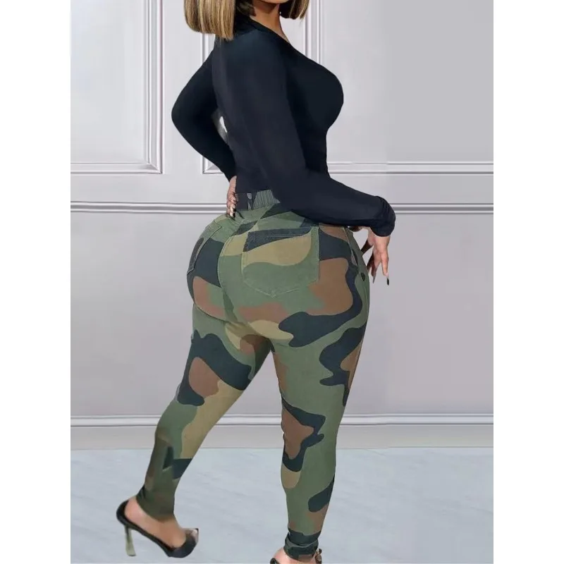 Plus Size 1XL-5XL Women Fashion Camouflage Pants Women Green Stretch Pencil Pants Casual Button Pocket Military Trousers