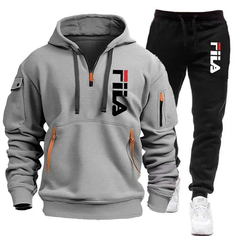 Autumn and Winter 2025 new men's hooded sweatshirt + pants two-piece set, outdoor multi-pocket men's pullover sportswear set