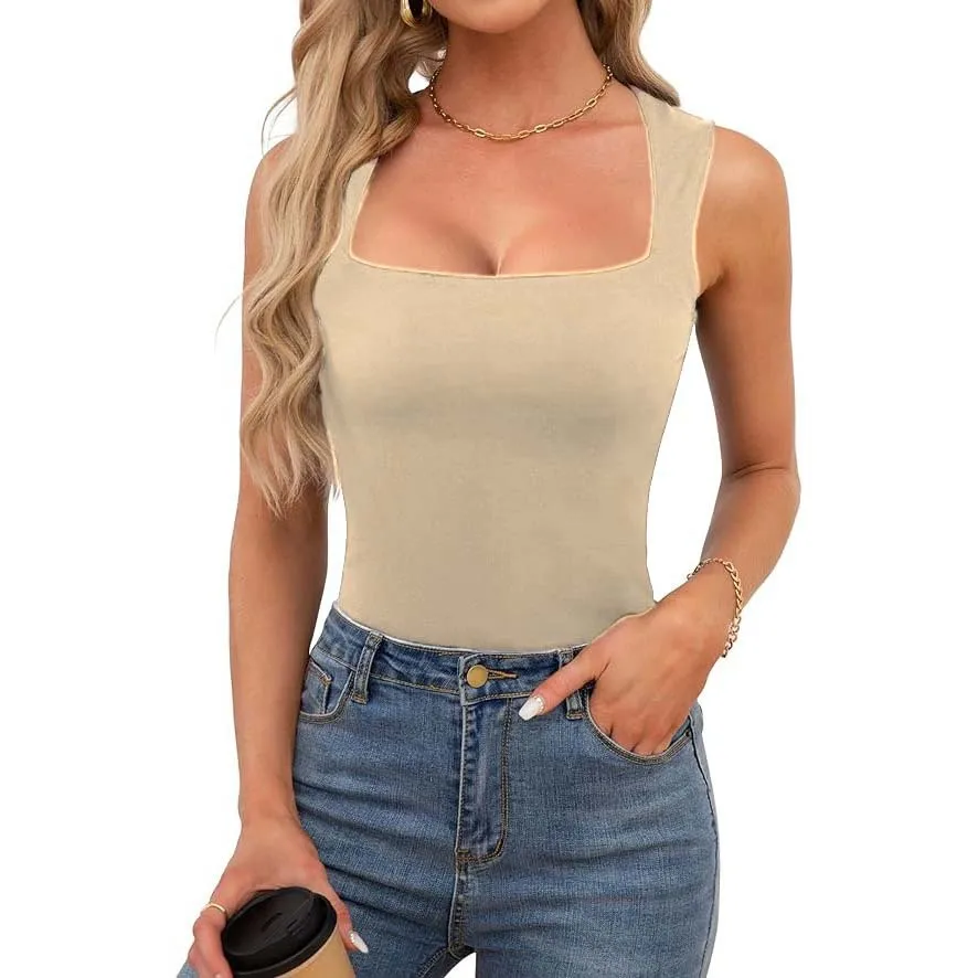 Sexy Slimming T-Shirts for Women Fashion Square Neck Sleeveless Tops Harajuku Tanks Woman Clothes Casual Top Tees Streetwear