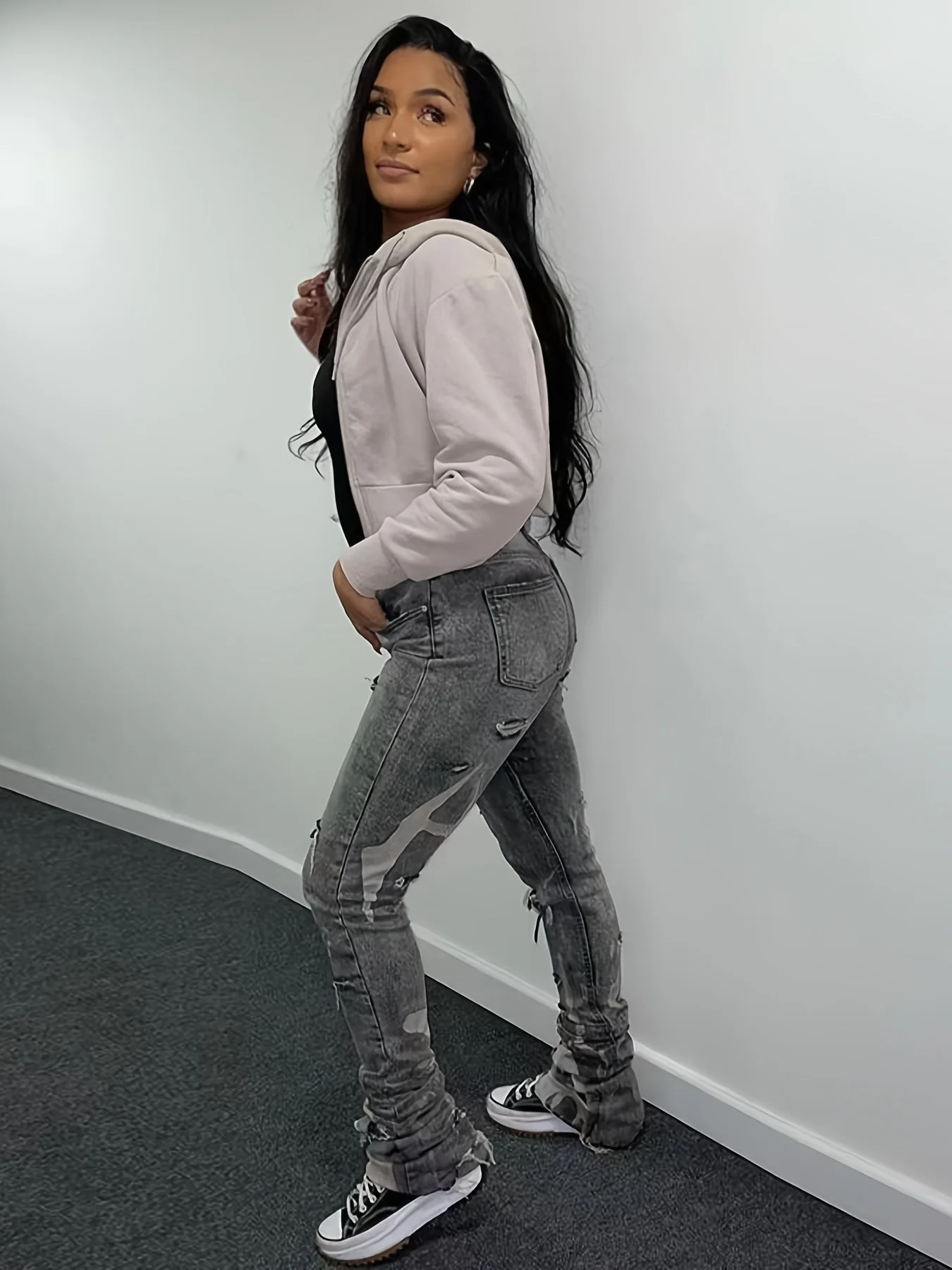 Popular female Spice Girl style slim-fit ripped jeans