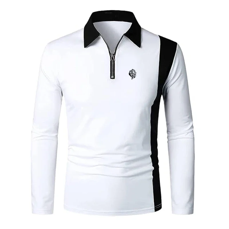 Men's Stylish Long Sleeve Polo Shirt with Contrast Color Panels and Zip-up Placket, Featuring a Printed Logo for a Sleek Look