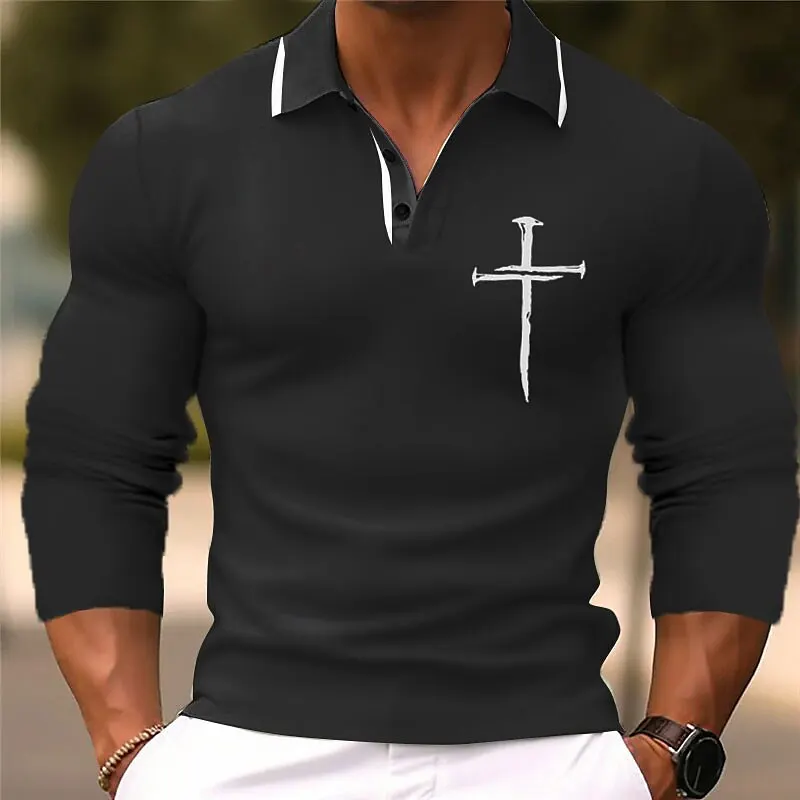 Men's 3D Printed Cross Pattern Golf Shirt Long Sleeve Polo Shirt Business Casual Formal Button Collar Autumn and Winter