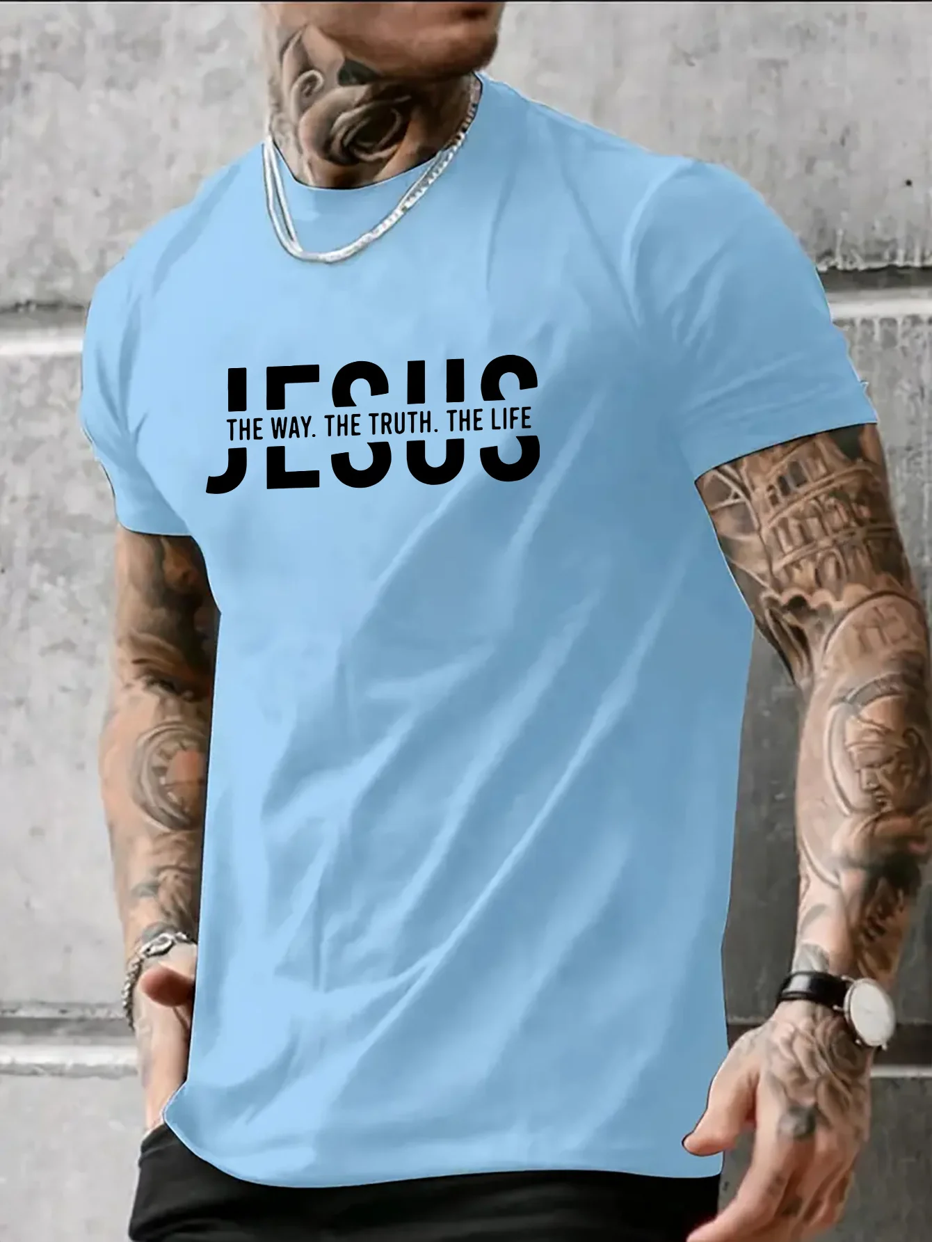 Summer men's 100% pure cotton casual loose fit Jesus Way truth life letter printed round neck short sleeved T-shirt top