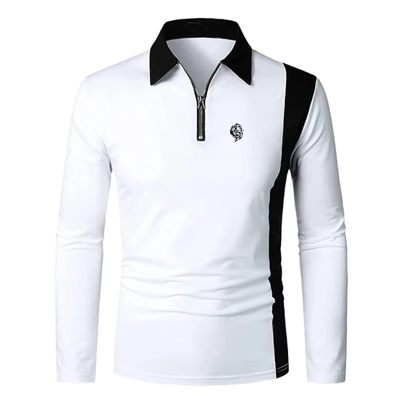 Men's Stylish Long Sleeve Polo Shirt with Contrast Color Panels and Zip-up Placket, Featuring a Printed Logo for a Sleek Look