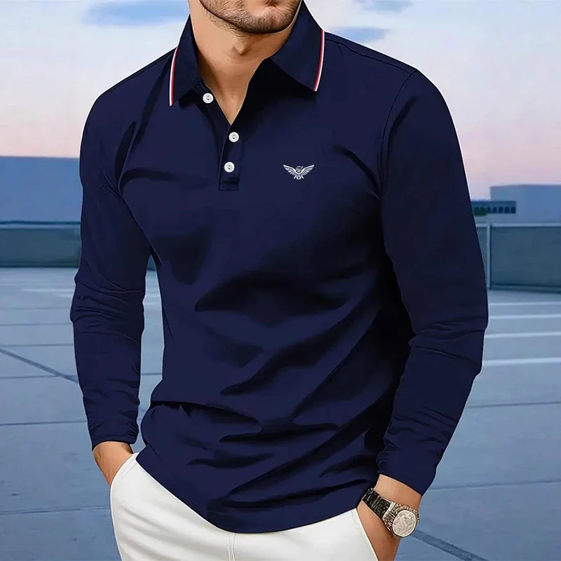 Men's Casual  Long Sleeved Polo Shirt with Solid Color and Polyester Fiber Composition for  Spring  autumn Fashion Outings