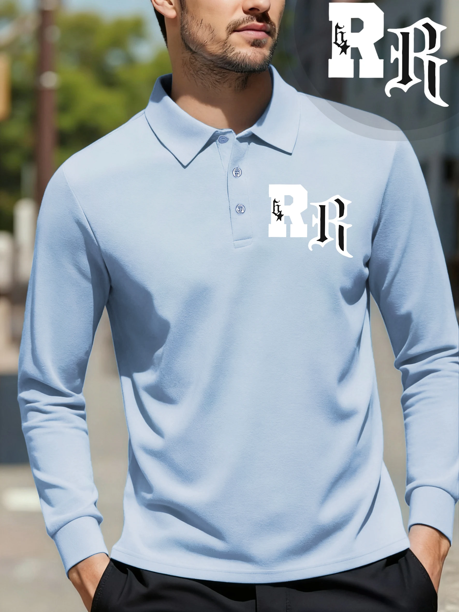Gothic Design Letter R Printed Business Daily Polo Shirt Men Spring Button Clothing Loose Hip Hop Tops All-Match Golf Shirts