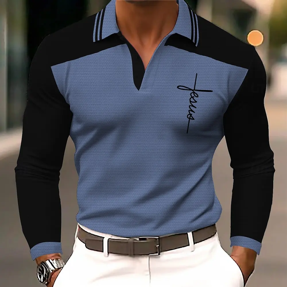 Men's 3D Printed Cross Pattern Golf Shirt Long Sleeve Polo Shirt Business Casual Formal Button Collar Autumn and Winter