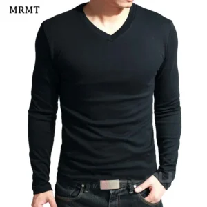 2025 Elastic Mens T-Shirt V-Neck Long Sleeve Men T Shirt For Male T-Shirts Man Clothing TShirt Brand New Solid Color Tops Tees