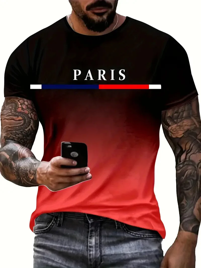 Summer men's gradient Paris letter 3D printed T-shirt for outdoor sports quick drying short sleeved top plus size men's clothing