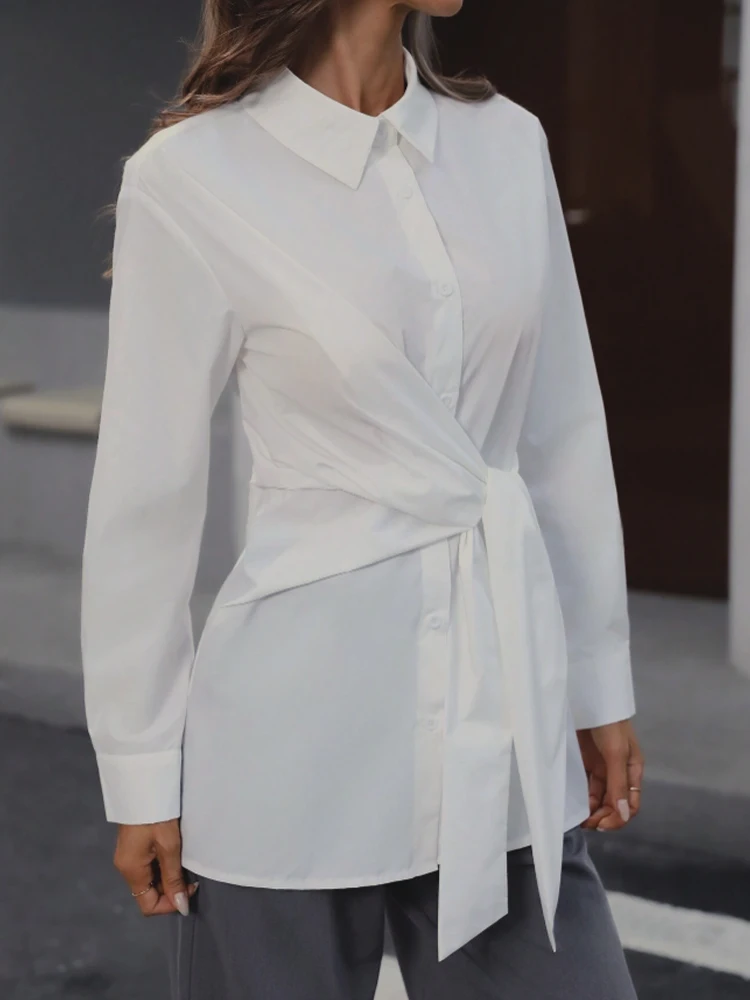 Women's Classic Collar Button-Up Long Sleeve Shirt with Waist-Cinching Belt Elegant Retro Style Adjustable Fit