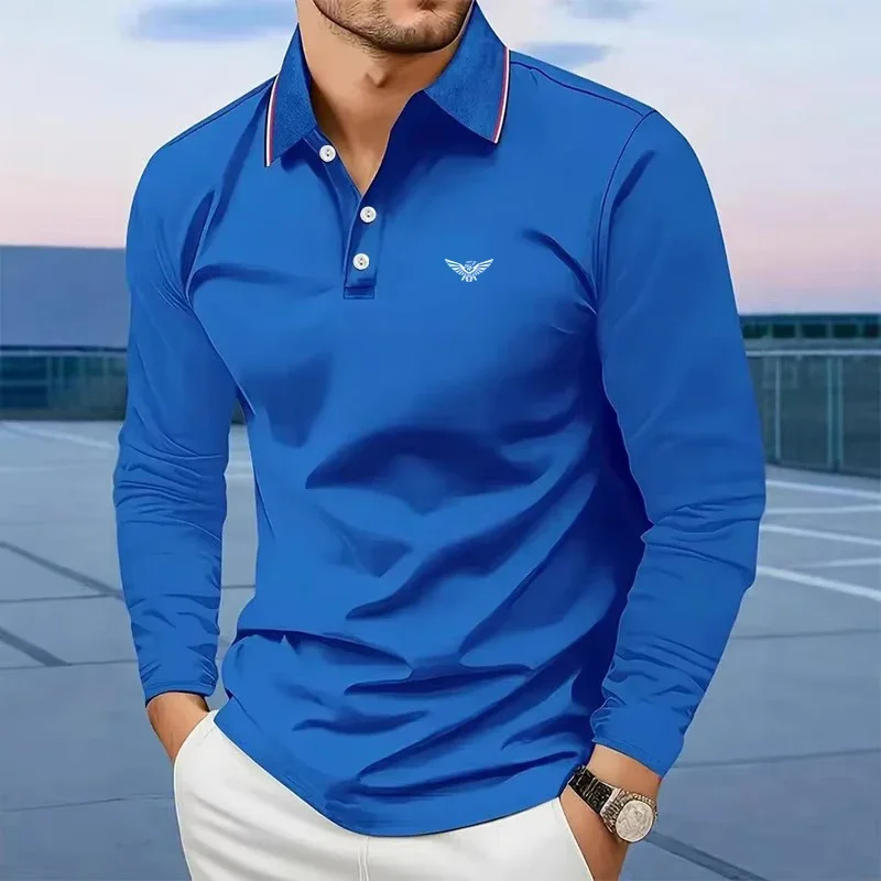 Men's Casual  Long Sleeved Polo Shirt with Solid Color and Polyester Fiber Composition for  Spring  autumn Fashion Outings