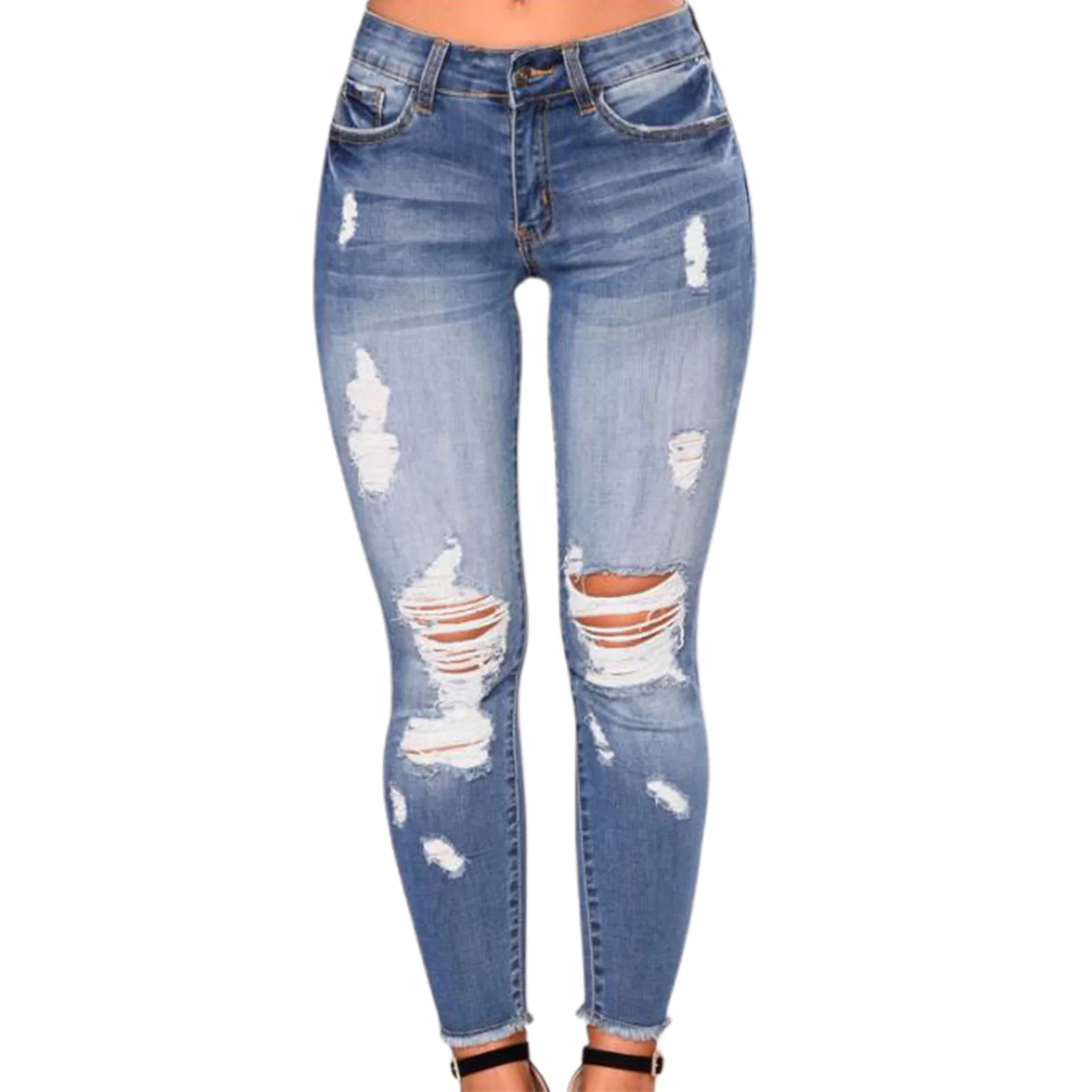 Ladies High Waist Skinny Jeans Stretch Ripped Denim Pants Distressed Cropped Trousers Casual Streetwear Fashion