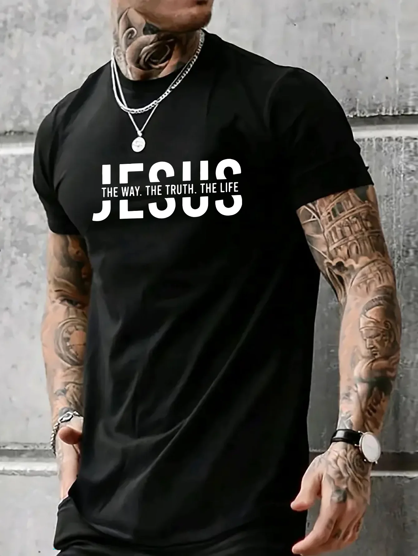 Summer men's 100% pure cotton casual loose fit Jesus Way truth life letter printed round neck short sleeved T-shirt top