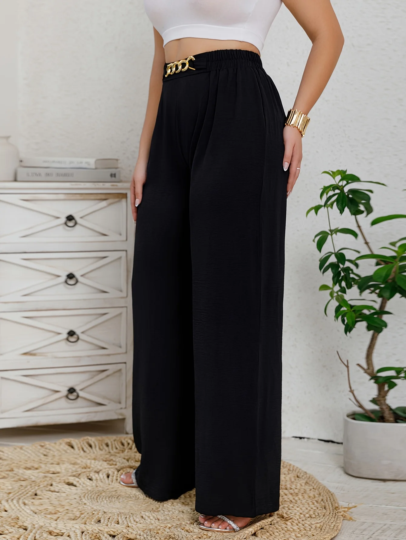 Elegant Women's Wide Leg Pants with Golden Chain Detail  Loose Straight Leg Fashion Casual Outwear Long Pants
