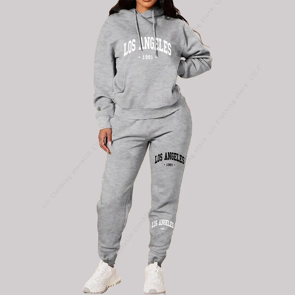 Women Sets Hoodies Pants 2 Piece Outfits Aesthetic Sportswear Sweatsuit Los Angeles Letter Print Suit Ladies Tracksuit Plus Size