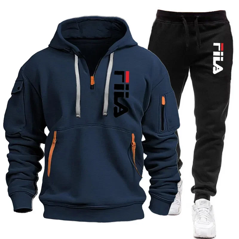 Autumn and Winter 2025 new men's hooded sweatshirt + pants two-piece set, outdoor multi-pocket men's pullover sportswear set