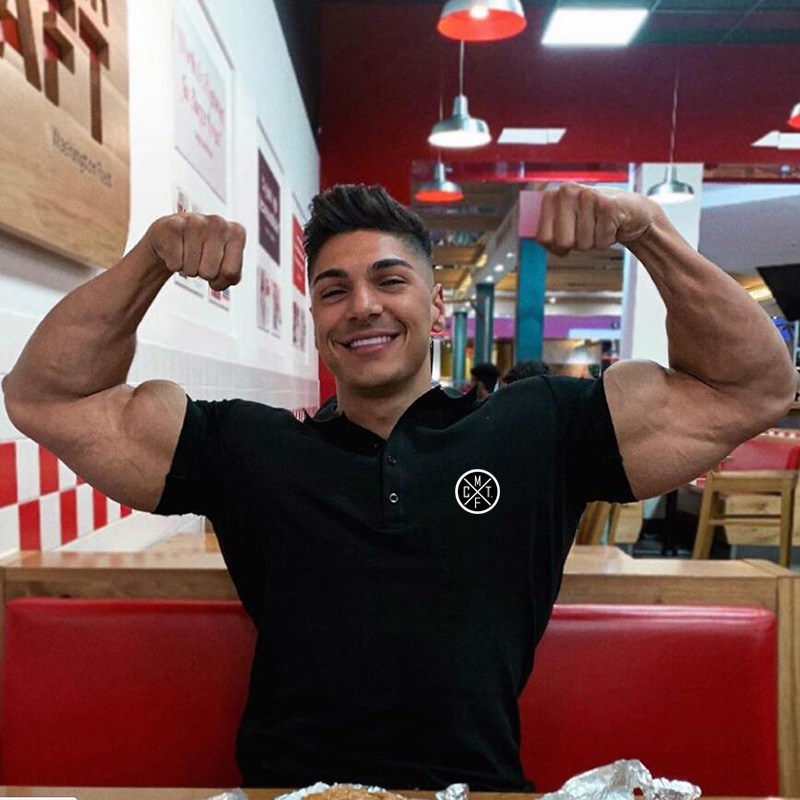 Running Short Sleeve Button Lapels Polo Shirts Men's Fitness Slim Fit Sports Cotton T Shirt Gym Bodybuilding Muscle Clothing