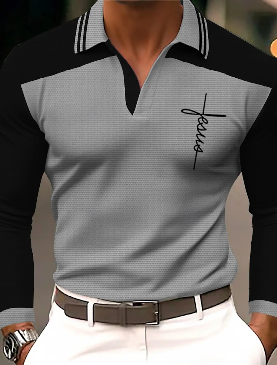 Men's 3D Printed Cross Pattern Golf Shirt Long Sleeve Polo Shirt Business Casual Formal Button Collar Autumn and Winter