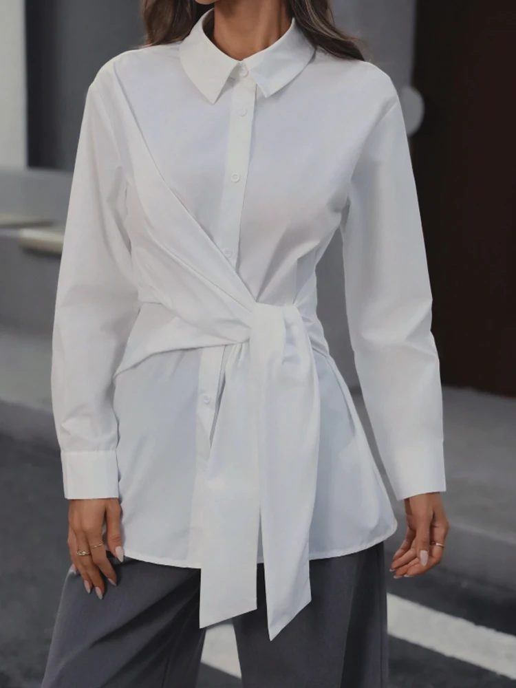 Women's Classic Collar Button-Up Long Sleeve Shirt with Waist-Cinching Belt Elegant Retro Style Adjustable Fit