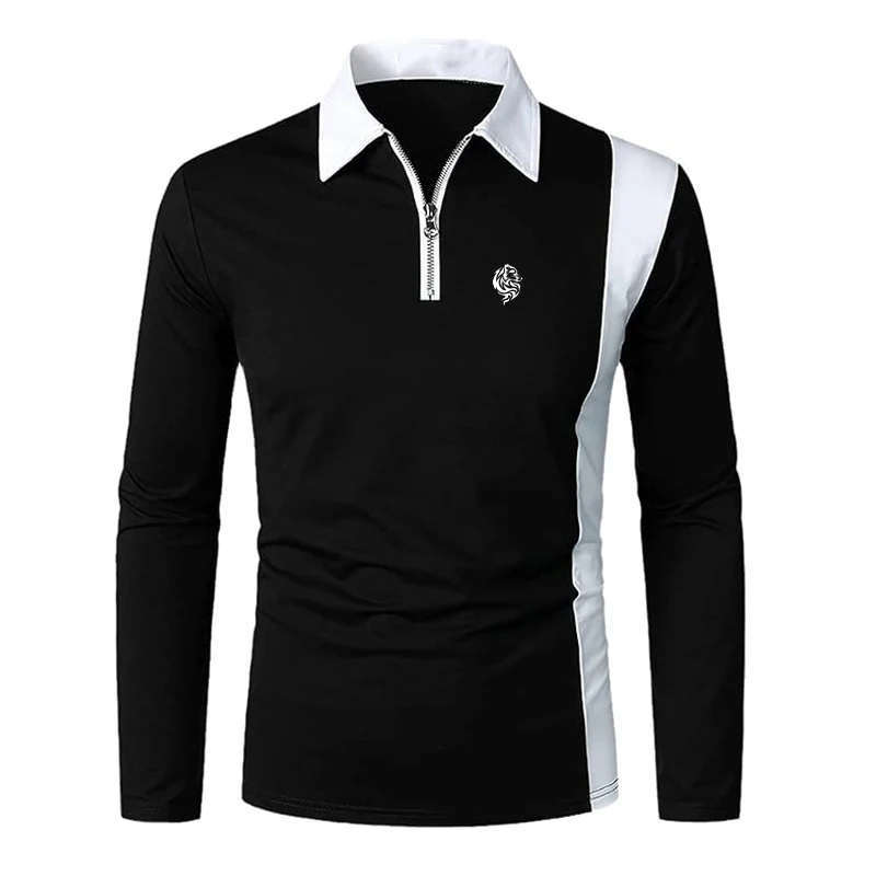 Men's Stylish Long Sleeve Polo Shirt with Contrast Color Panels and Zip-up Placket, Featuring a Printed Logo for a Sleek Look