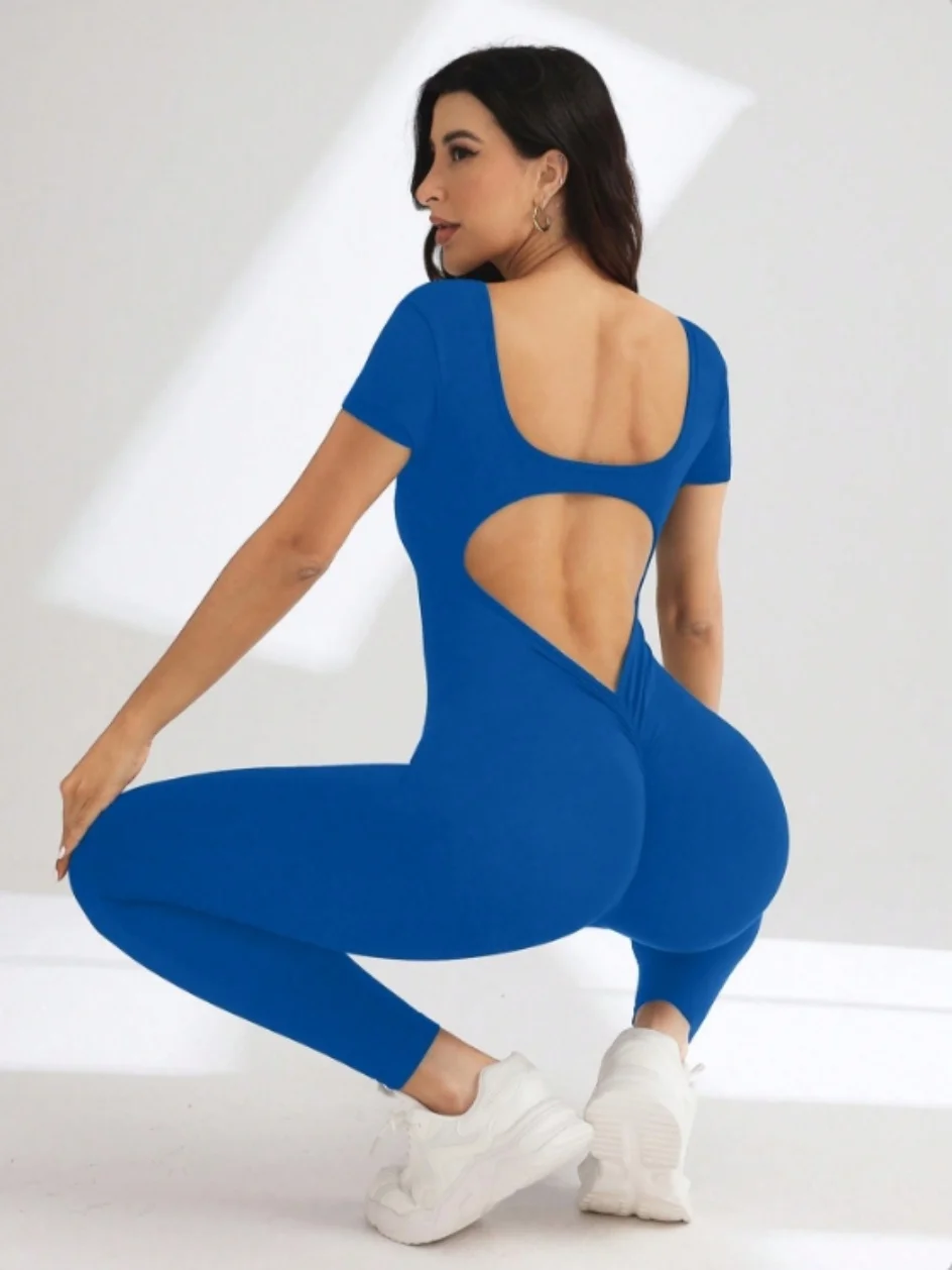 One piece seamless spandex U-neck short sleeved bodysuit with hip lifting, gym clothing, women's fitness jumpsuit