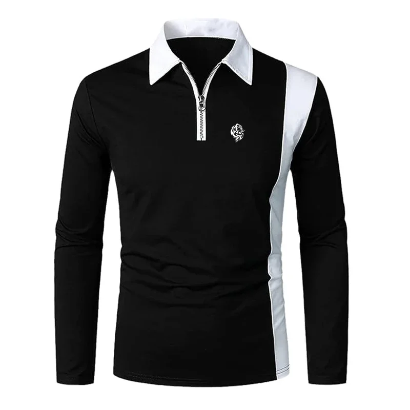 Men's Stylish Long Sleeve Polo Shirt with Contrast Color Panels and Zip-up Placket, Featuring a Printed Logo for a Sleek Look
