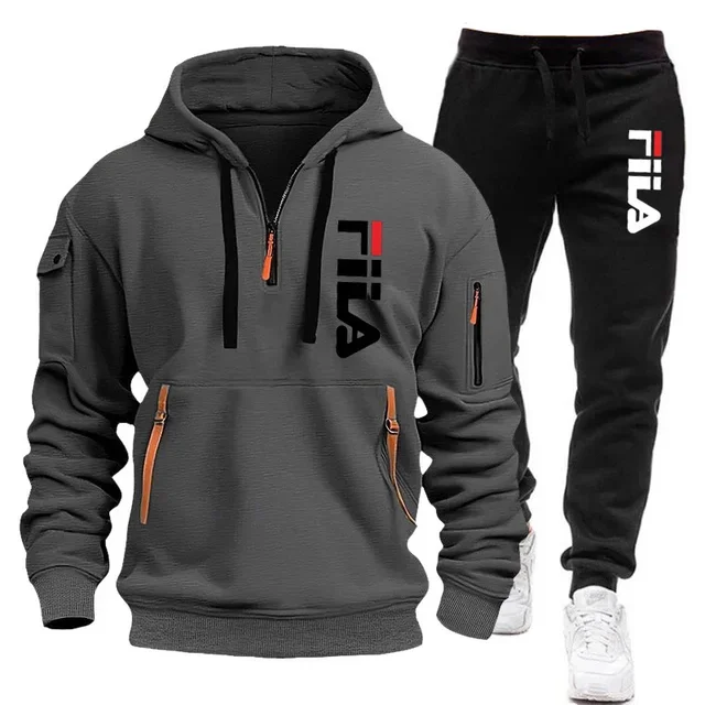 Autumn and Winter 2025 new men's hooded sweatshirt + pants two-piece set, outdoor multi-pocket men's pullover sportswear set