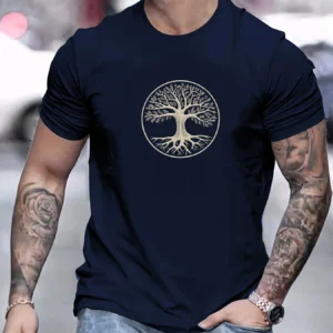 Men’s summer 100% pure cotton fashionable casual sports wide pine pattern printed sports round neck short sleeved T-shirt top