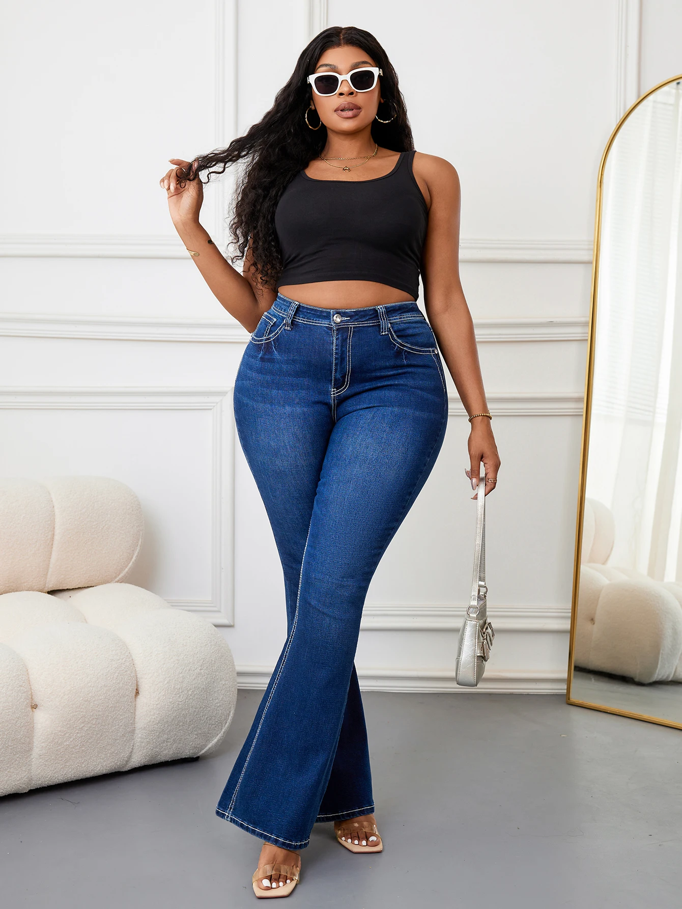 High Waist Blue Flared Jeans for Women Vintage Stretch Denim Pants Casual Clothing Slim Fit Elegant Trousers Regular Size Outfit