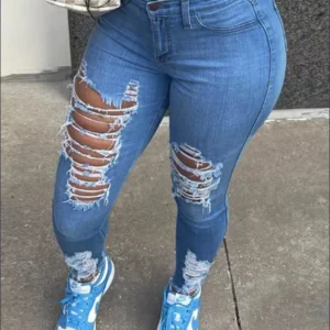 Women’s Pocket Ripped Pants High Street Fashion Casual Autumn Solid Color Personalized jeans