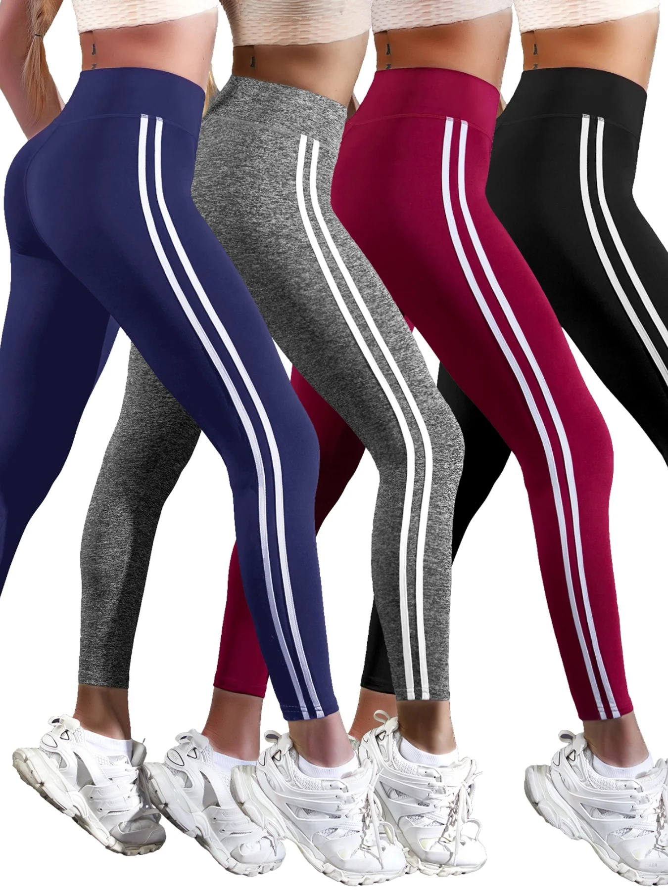 One Piece Casual Sports Side Stripe Pants High Waist 4 Way Stretch Breathable Running Workout Yoga Leggings Activewear For Women