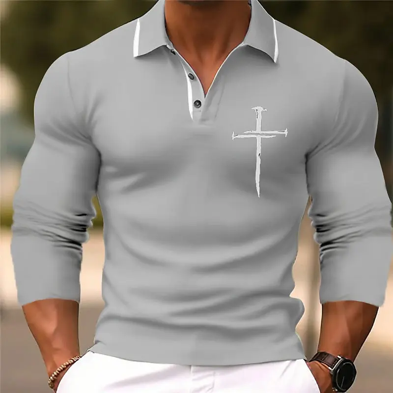 Men's 3D Printed Cross Pattern Golf Shirt Long Sleeve Polo Shirt Business Casual Formal Button Collar Autumn and Winter