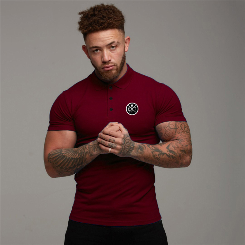 Running Short Sleeve Button Lapels Polo Shirts Men's Fitness Slim Fit Sports Cotton T Shirt Gym Bodybuilding Muscle Clothing