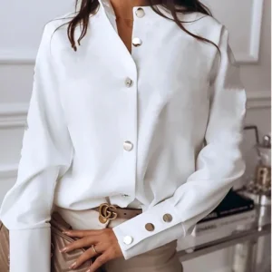 Long Sleeve 2025 Stand Collar Office Lady Tops Button Up Women Blouse White Casual Woman Shirt Fashion Black Loose Shirts 10619
