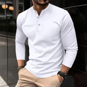 2025 Men’s Summer Long Sleeve Henry Polo Casual Breathable Comfortable Polo Shirt Solid High Quality Male T-Shirt Dropshipping