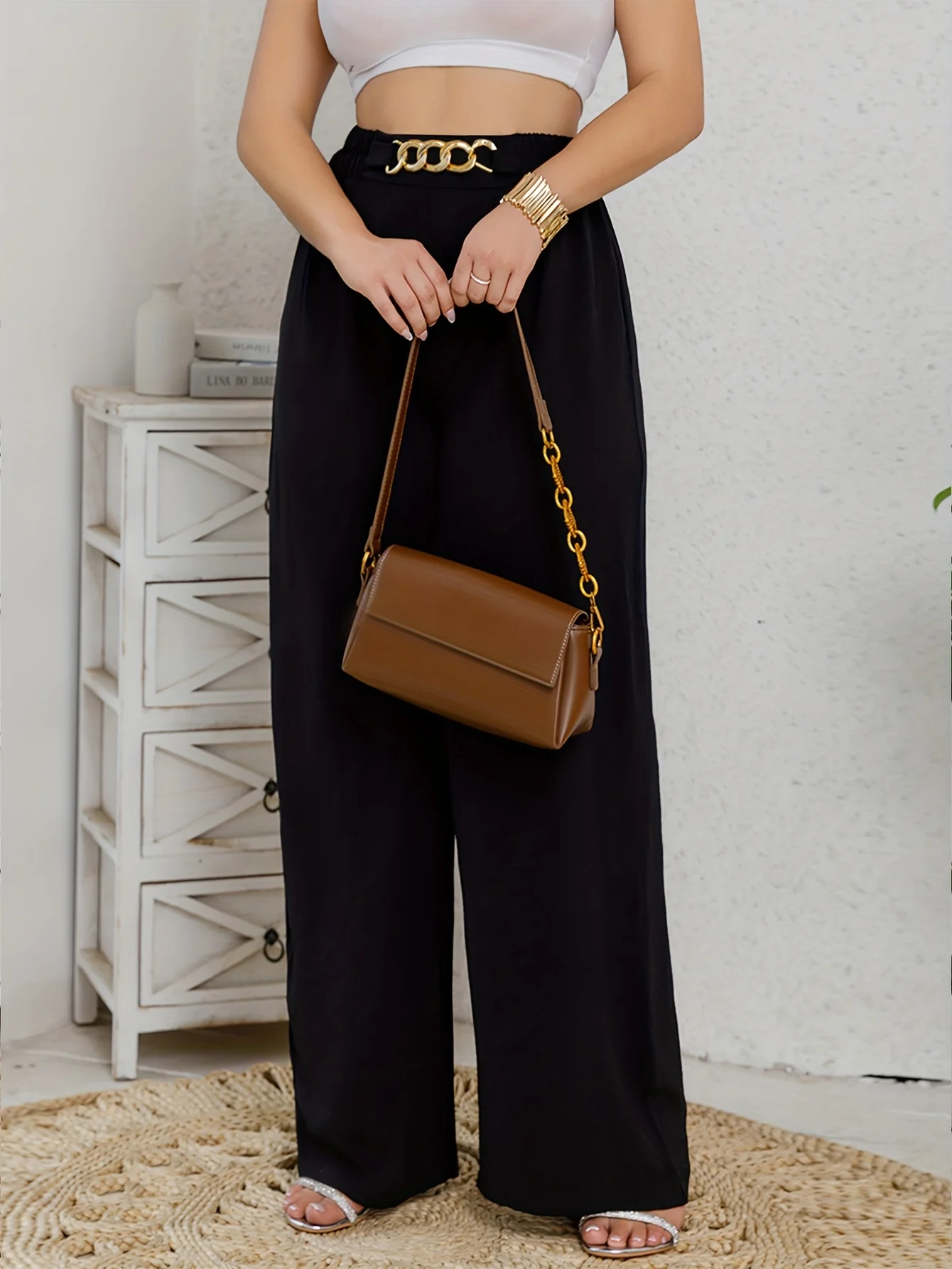 Elegant Women's Wide Leg Pants with Golden Chain Detail  Loose Straight Leg Fashion Casual Outwear Long Pants