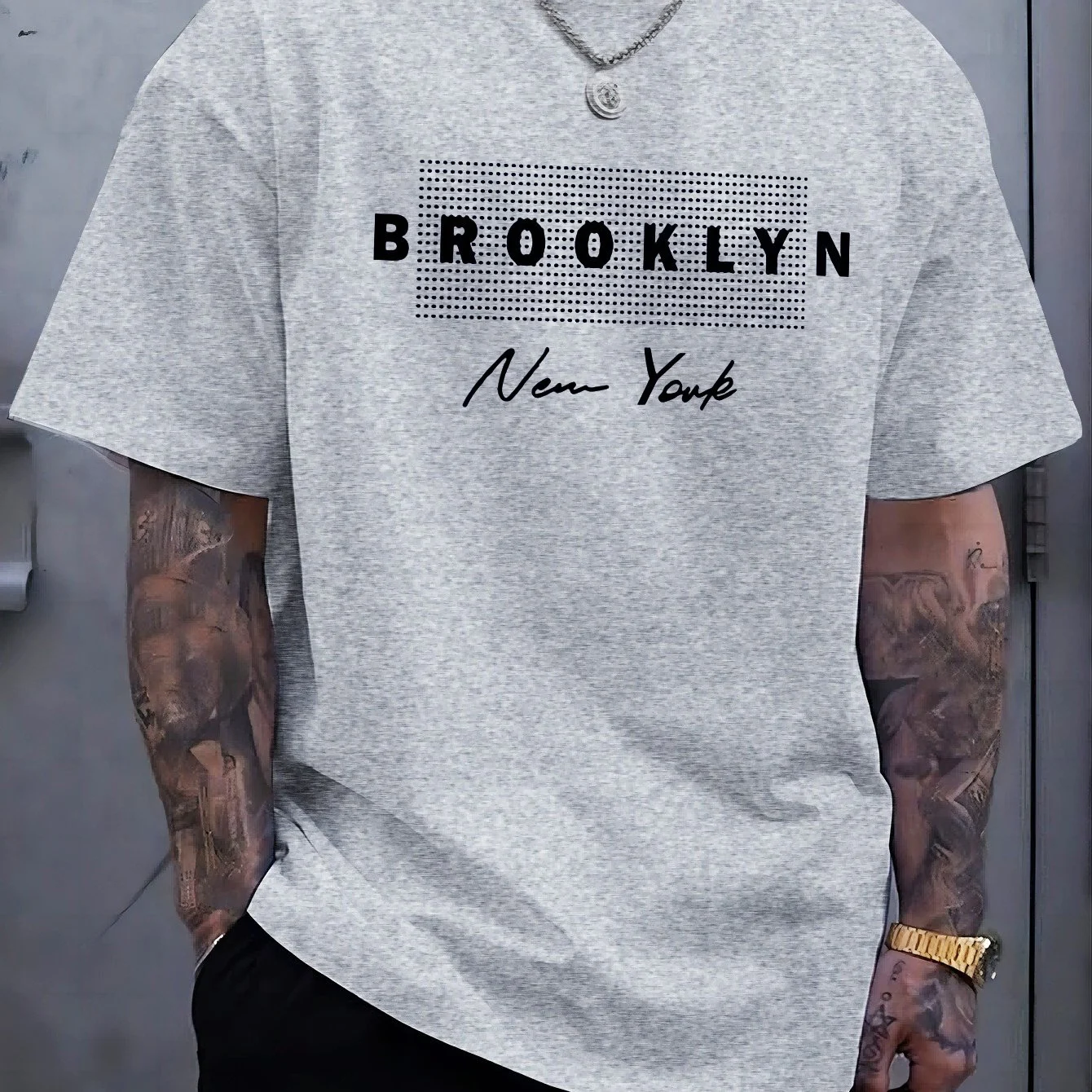 Men's summer 100% pure cotton Brooklyn New York graphic printed fashionable casual loose round neck short sleeved T-shirt top