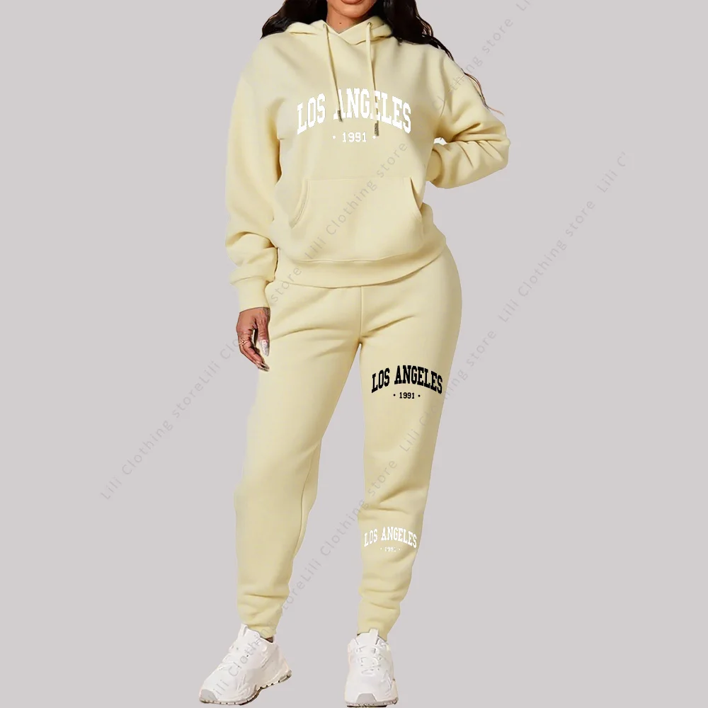 Women Sets Hoodies Pants 2 Piece Outfits Aesthetic Sportswear Sweatsuit Los Angeles Letter Print Suit Ladies Tracksuit Plus Size