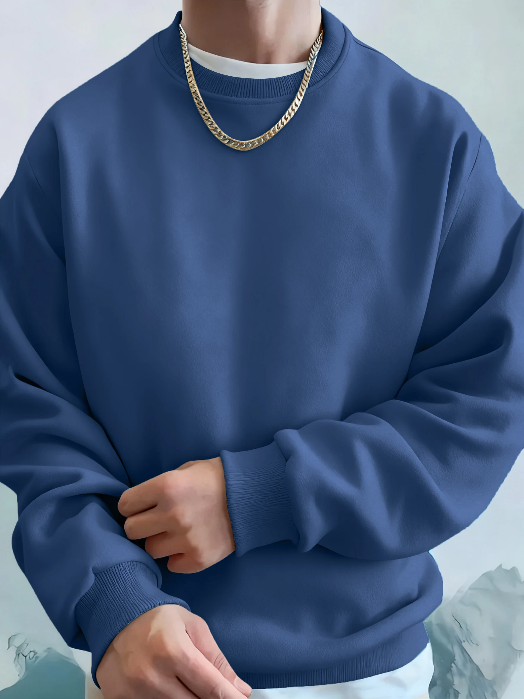 Men'S Solid Sweatshirts Autumn Winter Loose Fleece Soft Hoodies Basics Crewneck Warm Sportswears Street Casual Mens Clothes