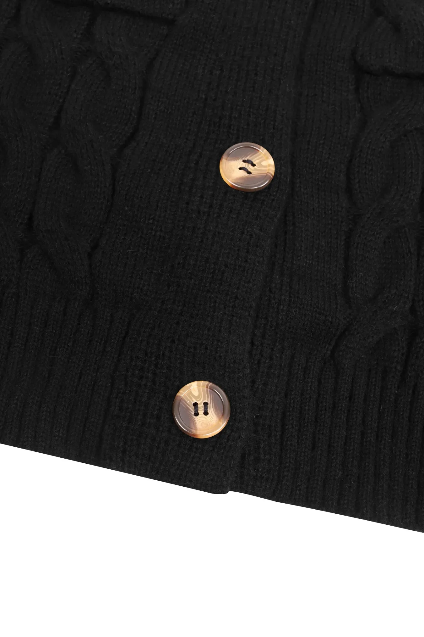 Women's Black Long Cardigan Cable Knit Deep V-Neck Casual Sweater Coat with Gold Button Pocket Mid-Length