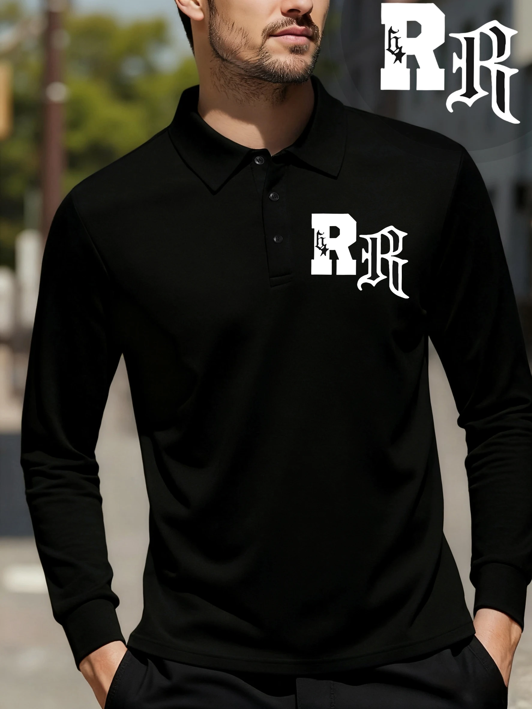 Gothic Design Letter R Printed Business Daily Polo Shirt Men Spring Button Clothing Loose Hip Hop Tops All-Match Golf Shirts